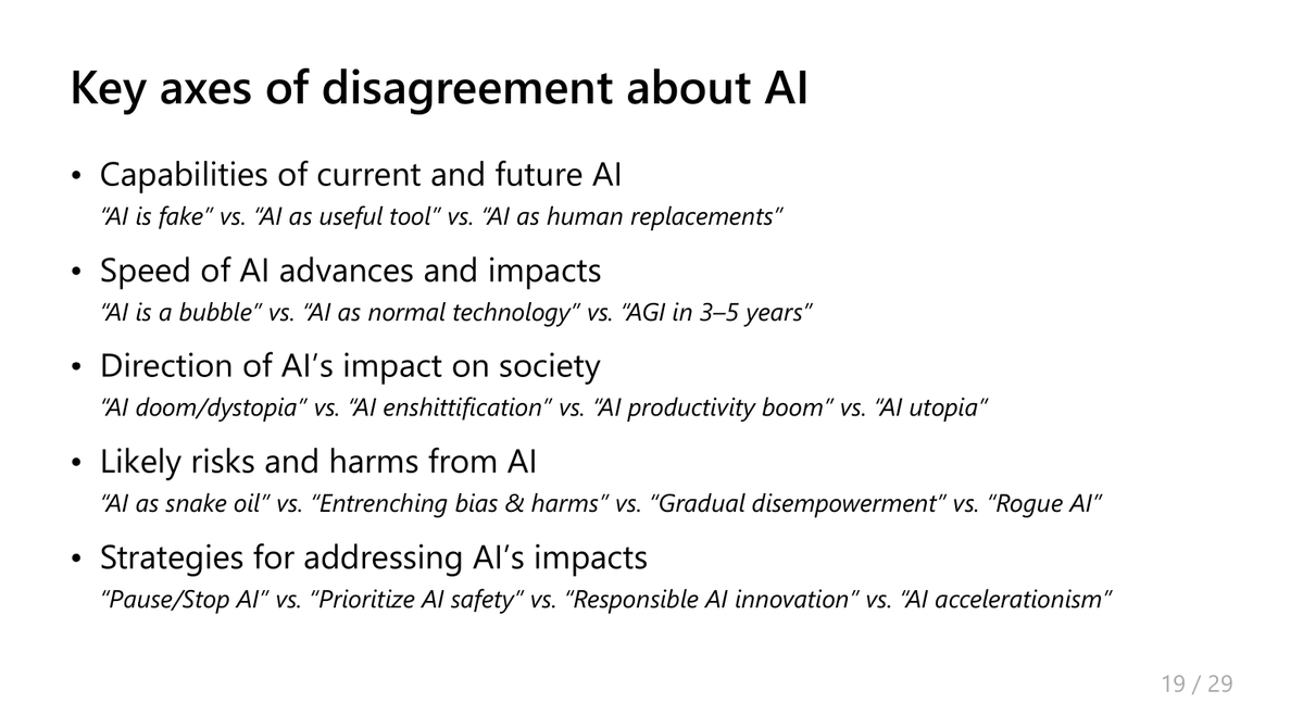 xuanalogue's tweet photo. One reason I've found recent AI safety/risk discourse frustrating is the proliferation of oppositional "my side" vs. "their side" framings, when in fact there are many axes of disagreement, including among experts. 

My attempt to characterize them, from a lecture last semester: https://t.co/LCjHaOZzgC