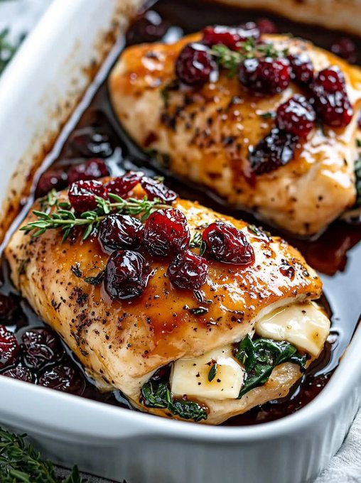 ann_ann886's tweet photo. Baked Chicken Stuffed with Spinach, Brie & Honey-Balsamic Cranberries

Servings: 4
Prep Time: 20 minutes
Cook Time: 25–30 minutes
Total Time: 50 minutes

Ingredients
For the Chicken:
4 boneless, skinless chicken breasts
4 oz (115g) Brie cheese, rind removed, sliced
2 cups fresh spinach, roughly chopped
Salt and black pepper, to taste
1 tsp garlic powder
1 tbsp olive oil
For the Honey-Balsamic Cranberry Sauce:
1 cup fresh or frozen cranberries
¼ cup balsamic vinegar
3 tbsp honey
2 tbsp water
1 sprig fresh thyme
Pinch of salt
For Baking:
2 tbsp unsalted butter
Fresh thyme sprigs, for garnish

Instructions
-Make the cranberry sauce. In a small saucepan, combine cranberries, balsamic vinegar, honey, water, thyme, and salt. Bring to a gentle boil over medium heat, then reduce to low. Simmer 8–10 minutes until cranberries burst and sauce thickens slightly. Remove thyme sprig and set aside.
-Prep the chicken. Pat chicken breasts dry. Lay each breast flat on a cutting board. Hold your knife parallel to the board and slice horizontally through the thickest part, stopping before cutting all the way through — creating a pocket. Open like a book.
Stuff. Layer spinach leaves and Brie slices inside each chicken pocket. Season the outside with salt, pepper, and garlic powder. Secure with toothpicks if needed.
-Sear. Preheat oven to 375°F (190°C). Heat olive oil in an oven-safe skillet over medium-high heat. Sear stuffed chicken 3 minutes per side until golden brown.
-Bake. Dot butter around the skillet. Spoon half the cranberry sauce over the chicken. Transfer skillet to oven and bake 18–22 minutes until chicken is cooked through (internal temp 165°F / 74°C) and cheese is melted and oozing.
-Finish. Remove from oven. Let rest 5 minutes. Spoon remaining cranberry sauce and pan juices over the top. Garnish with fresh thyme sprigs.
-Serve. Slice to reveal the molten Brie and wilted spinach center. Serve with roasted vegetables, wild rice, or crusty bread to soak up the sauce.

Tips
Don't overstuff — too much Brie and it leaks everywhere during baking.
Seal the pocket well with toothpicks; remove them before serving.
Rest before slicing — the cheese stays creamy instead of running out completely.

Variations
Swap Brie for Camembert or goat cheese for a different flavor profile.
Add a layer of prosciutto inside the pocket for extra savory depth.
Use dried cranberries if fresh aren't available — reduce honey slightly as they're sweeter.