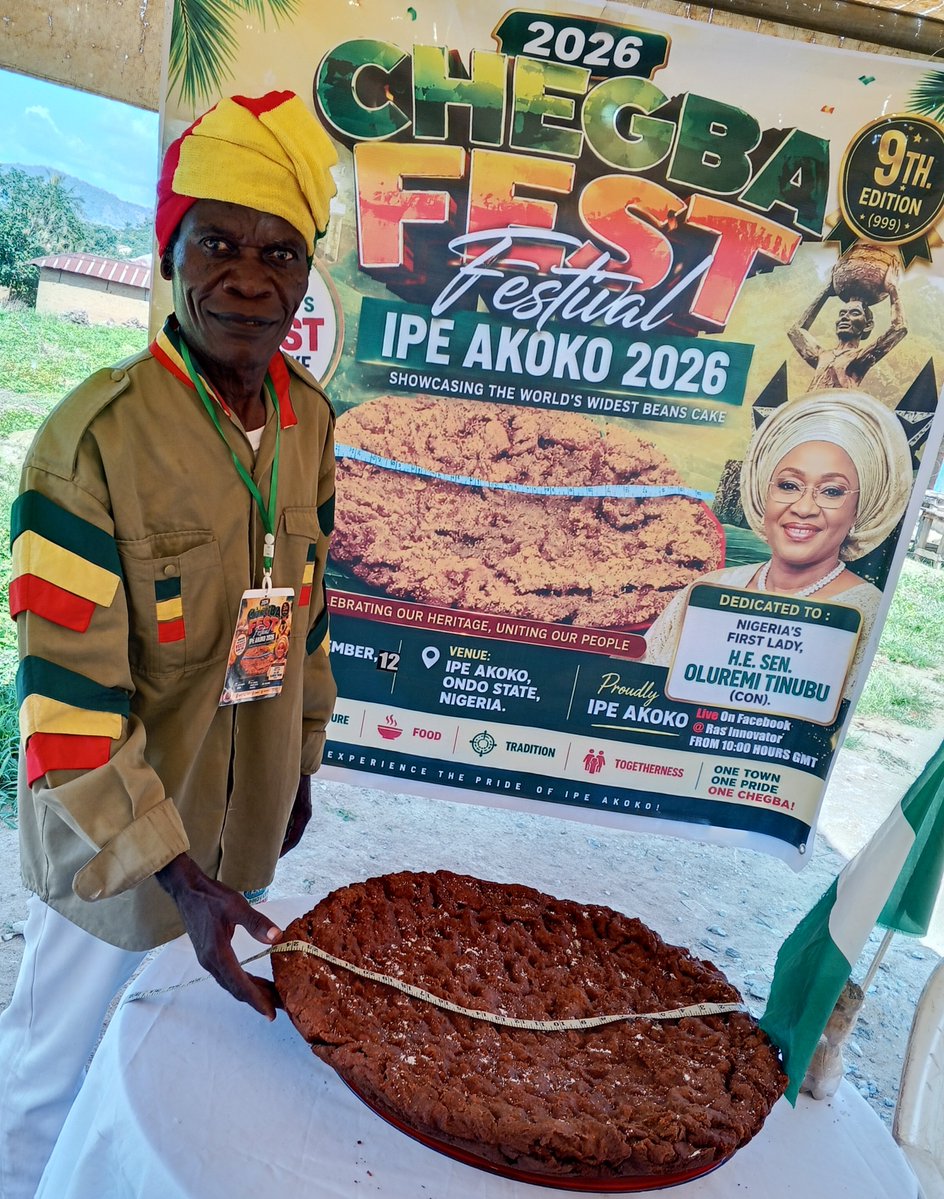 ras_innovator's tweet photo. 2026 ANNUAL CHEGBA FEST, (THE 9TH. EDITION (999), IN SEPTEMBER)OF 14 SEPTEMBER, RECORDED 25" BEANS CAKE IN DIAMETER, THE WORLD'S WIDEST BEANS CAKE IN DIAMETER EVER MADE. IN IPE AKOKO SOUTH EAST LGA ONDO STATE NIGERIA. LONGING FOR GWR. +2348034901991
@linda_ikejii https://t.co/wl29OeZfIT