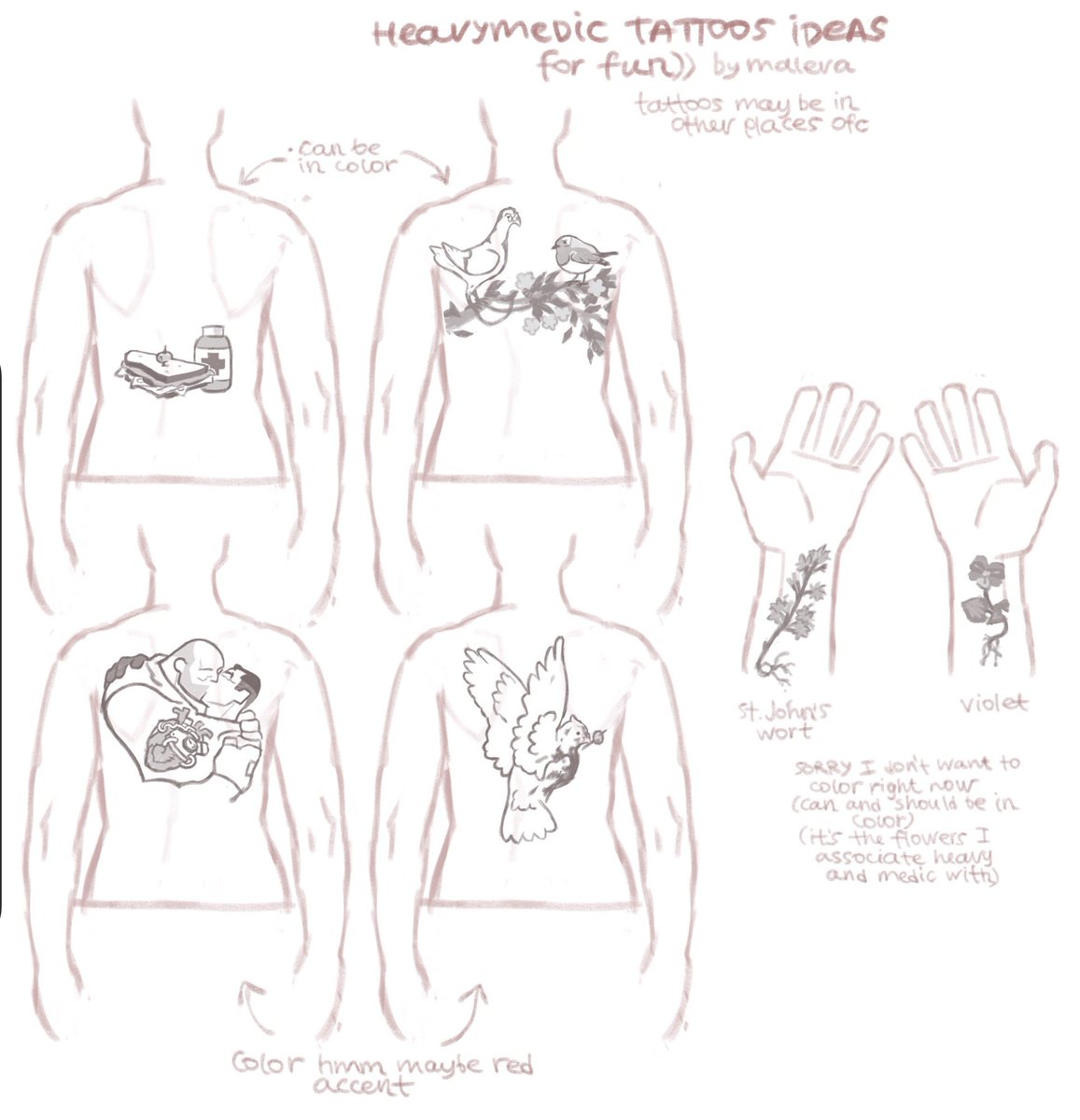 sparklesmash762's tweet photo. My friends good-naturedly laugh at me because of my love for heavymedics (fair), and one good friend of mine even said that I should get a tattoo with them. So I thought what if 
Hypothetical heavymedic themed tatoos, just as a relaxation in the evening.
#tf2 https://t.co/NWByviBzQ9