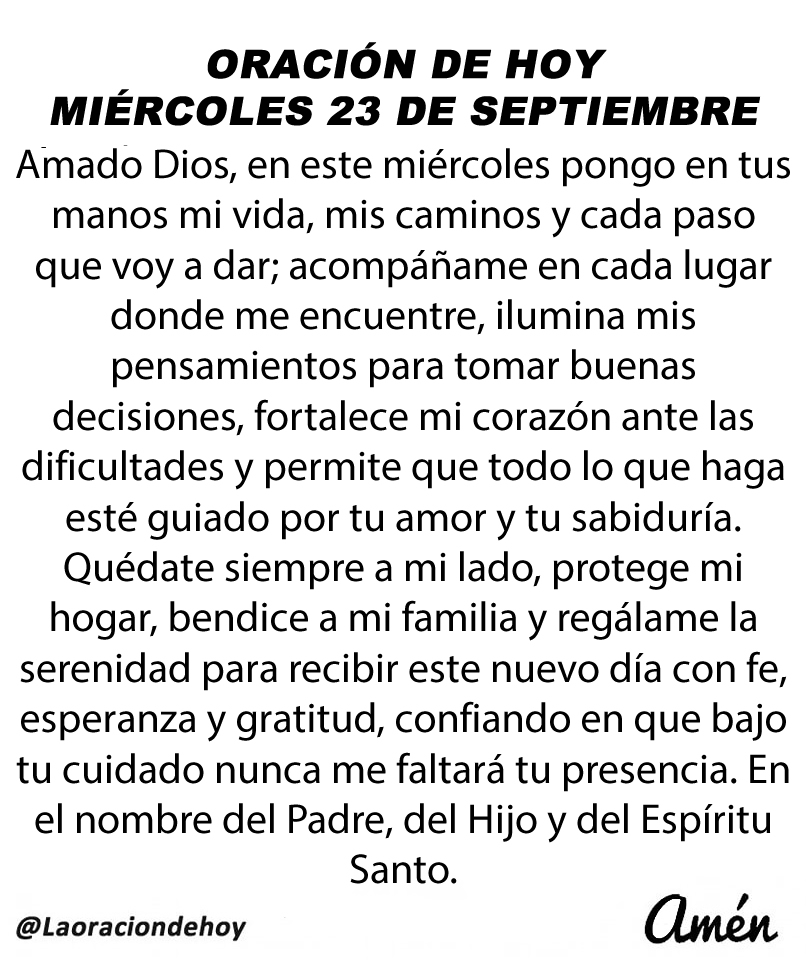 laoraciondehoy's tweet photo. Oración diaria para hoy miércoles 23 de septiembre de 2026. https://t.co/J3O4qEOTTj