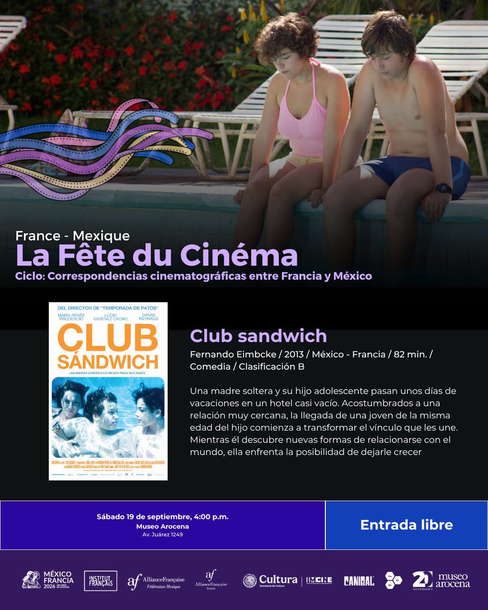 museoarocena's tweet photo. 🎬 LA FÊTE DU CINÉMA. Ciclo: Correspondencias cinematográficas entre Francia y México

Programación semana 3:

“AMA GLORIA”
•17 sept, 7:30pm
Alianza Francesa
•20 sept, 4:00pm
Museo Arocena

“CLUB SANDWICH”
•19 sept, 4:00pm
Museo Arocena

🎟️ Entrada libre https://t.co/5dIdneFw1G
