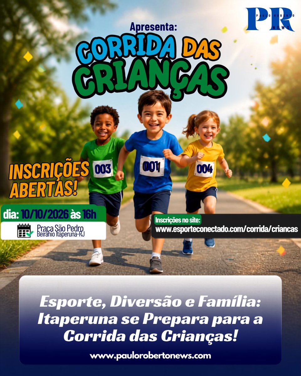 PRboechat17's tweet photo. Itaperuna se prepara para celebrar o mês das crianças com uma iniciativa que une saúde, lazer e integração comunitária. No dia 10/10, a partir das 16h, a Praça São Pedro, será o ponto de largada para a Corrida das Crianças. Inscrições: https://t.co/SeAwaGkz8k. https://t.co/Me8PcTO1BQ
