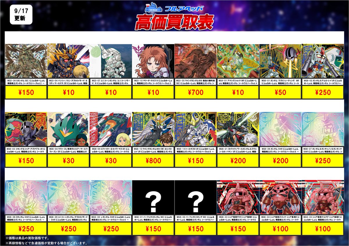 full_shokugan's tweet photo. 食玩ガンダム最新弾買取表！

新弾含め価格更新しました！
たくさんのご利用お待ちしてます!

【買取表】
https://t.co/oMP8NximeL
※日付の更新をお待ち下さい

【販売ページ】
https://t.co/71sTwq7Caw
#食玩　#ガンダム　#ウエハース　
#シール #フルアヘッド https://t.co/jYktYU2NUm