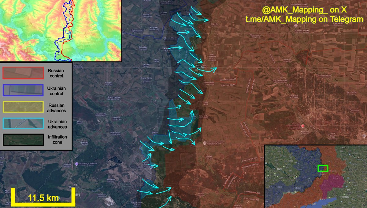 AMK_Mapping_'s tweet photo. Situation on the Lyman direction, Donetsk Oblast:

Over the last two weeks, Ukrainian forces continued their counteroffensive north of Lyman, and have made additional tactically important advances, crossing into Luhansk Oblast and coming close to eliminating the Russian Zherebets River bridgehead.

In the north, after recapturing the village of Hrekivka, Ukrainian forces continued to advance deeper into Luhansk Oblast, pushing southeast down a tributary of the Zherebets River and each into the forests west of Makiivka, working to push the remaining Russian forces out of their strongpoints between Hrekivka and Makiivka. Simultaneously, other assault groups were able to break through Russian lines east of Novomykhailivka, entering a number of forested areas along the Donetsk-Luhansk regional border, prompting Russia to retreat from the newly formed salient southwest of Hrekivka. The loss of these forward positions has allowed Ukraine to begin supporting their push east of Hrekivka by attacking in an easterly direction from the Novomykhailivka area, entering advancing towards the village of Balka Zhuravka (formerly called Nevske). 

The advance on Balka Zhuravka is taking place from both the northwest and west. From the west, Ukrainian assault groups consolidated in the forests east of Katerynivka and broke through to the larger forests northwest of Novolyubivka, which they are now storming from multiple directions. This has allowed some Ukrainian DRG groups to cross the Zherebets River via Novolyubivka and begin operating in the area of Balka Zhuravka and Terny, east of the river. 

To the south, Ukrainian forces continued advancing down the gulley stretching southeast from Katerynivka to Novosadove, reaching the Zherebets River at a new point, and beginning fighting for the forested areas north of Ivanivka. Other assault groups managed to capture a series of strongpoints in the forests west of Ivanivka and are now working to isolate the remaining Russian formations entrenched along the western bank of the Zherebets River. 

Further south, the Ukrainians entrenched in the western part of Kolodyazi and have almost cleared the rest of the village. Other assault groups broke through Russian defences east of Stavky, penetrating northeast for over 5 kilometres, recapturing the village of Myrne. Clearing operations against the remaining scattered Russian positions outside Kolodyazi are ongoing in order to begin the final assault south of Ivanivka. Additionally, following weeks of attacks, Ukrainian forces managed to establish a foothold in northwestern Zarichne, which they are now using to try infiltrate across the Zherebets River into the Torske Fish Farm, and south towards the centre of Zarichne, where they are facing fierce resistance from Russian defenders. 

To the southwest, Ukrainian forces launched a new series of counterattacks closer to Lyman itself, where they managed to clear the fields south of Stavky and gain a foothold in the western part of the large Pynkov Gulley. From here, they are infiltrating east along the forests in the gulley, attempting to reach the western part of Zarichne. This is being supported by additional attacks into the forests north of the gulley. Additionally, the Russian infiltrators in the northern part of Lyman were finally cleared, allowing Ukraine to re-establish control over the remaining fields north of the city as well, further pushing the Russians away from the city limits. 

Further south, Ukrainian assault groups cleared the earlier Russian infiltrations into the area of the highway south of Lyman and initiated new counterattacks towards the Lyman-Siversk Highway, which they were able to reach from the direction of Brusivka and Dibrova. Heavy fighting continues for the Ozerne area and the strongpoints along the highway southwest of Yampil, without any major changes in the frontline. 

+ ~83.16 km² in favour of Ukraine.