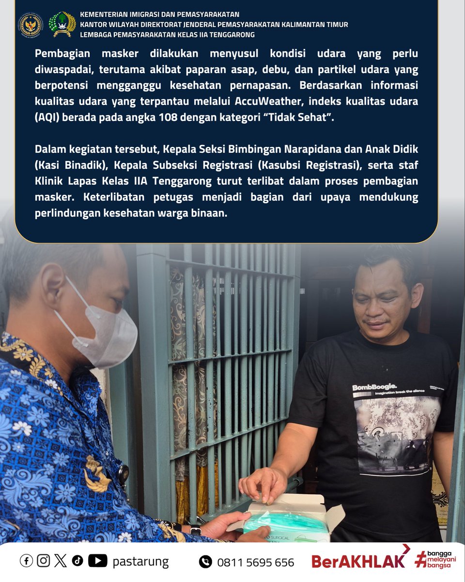 pastarung's tweet photo. 😷 Lapas Tenggarong Bagikan Masker untuk Warga Binaan

Sebagai langkah antisipasi terhadap memburuknya kualitas udara, Lapas Kelas IIA Tenggarong membagikan masker kepada warga binaan di area blok hunian.

Kegiatan ini merupakan bentuk kepedulian Lapas dalam menjaga kesehatan. https://t.co/v1fK5Y2ixF