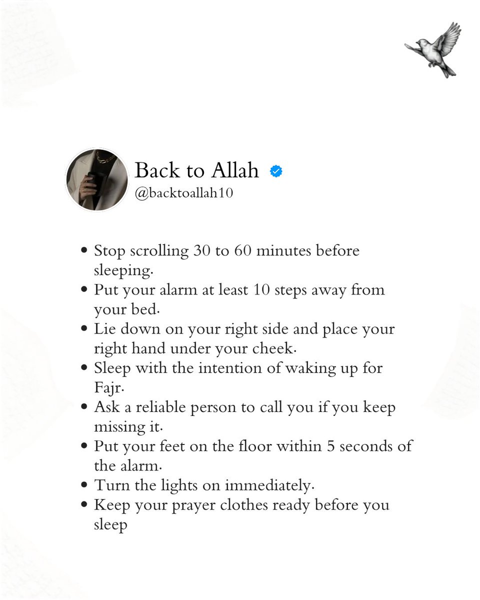 backtoallah10's tweet photo. Missing Fajr isn’t just about waking up—it’s about preparing for it. Sleep on time, make wudhu, keep your alarm away, make your intention, and sleep with the adhkar. 🌙🤍
May Allah make us among those who never miss Fajr. Ameen. 🤲
#Fajr #Salah #IslamicReminder #Muslim #Tahajjud #Quran #Dhikr