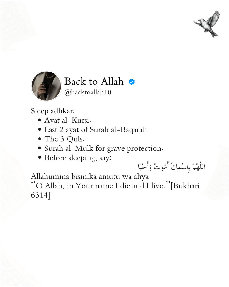 backtoallah10's tweet photo. Missing Fajr isn’t just about waking up—it’s about preparing for it. Sleep on time, make wudhu, keep your alarm away, make your intention, and sleep with the adhkar. 🌙🤍
May Allah make us among those who never miss Fajr. Ameen. 🤲
#Fajr #Salah #IslamicReminder #Muslim #Tahajjud #Quran #Dhikr
