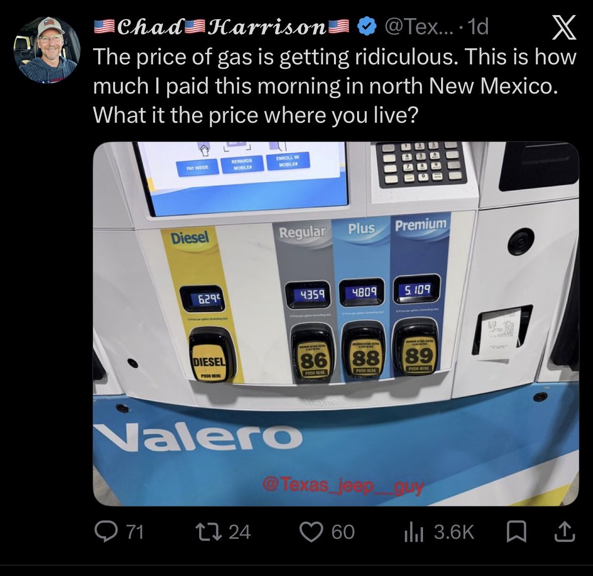 ShaneMcDonald08's tweet photo. @Texas_jeep__guy @JohnCornyn @KarlRove @WSJopinion For sure! Can’t wait for Paxton to help stop this war that is driving up gas prices. I know you’re feeling it! Or at least you were yesterday. https://t.co/olJzYUziTq