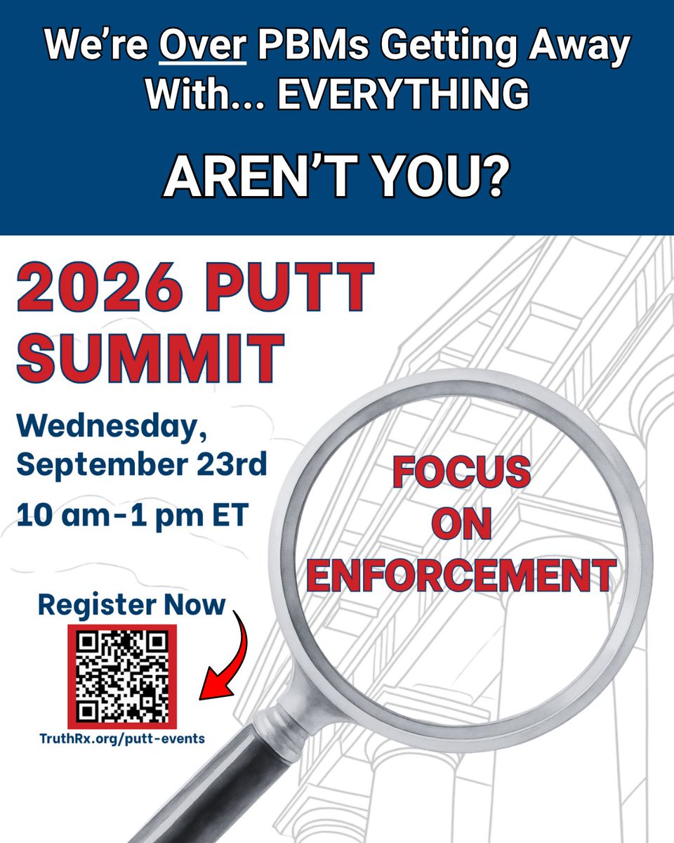 TruthRX's tweet photo. PBMs have been getting away with everything...
TIME'S UP!
Join the 2026 PUTT Virtual Summit โ this year's focus: ENFORCEMENT.
๐
Wed, Sept 23 | 10amโ1pm ET
๐ป Virtual, register now (recording included)
๐ https://t.co/yCZtmCTxJh
#PBMreform #PUTTsummit2026 #patientsfirst https://t.co/maip9FAA96