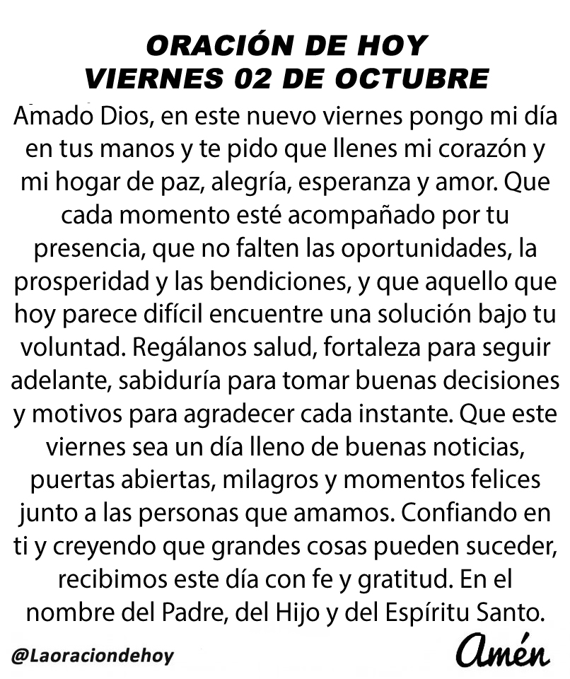 laoraciondehoy's tweet photo. Oración diaria para hoy viernes 02 de octubre de 2026. https://t.co/aBgXsUKFoH