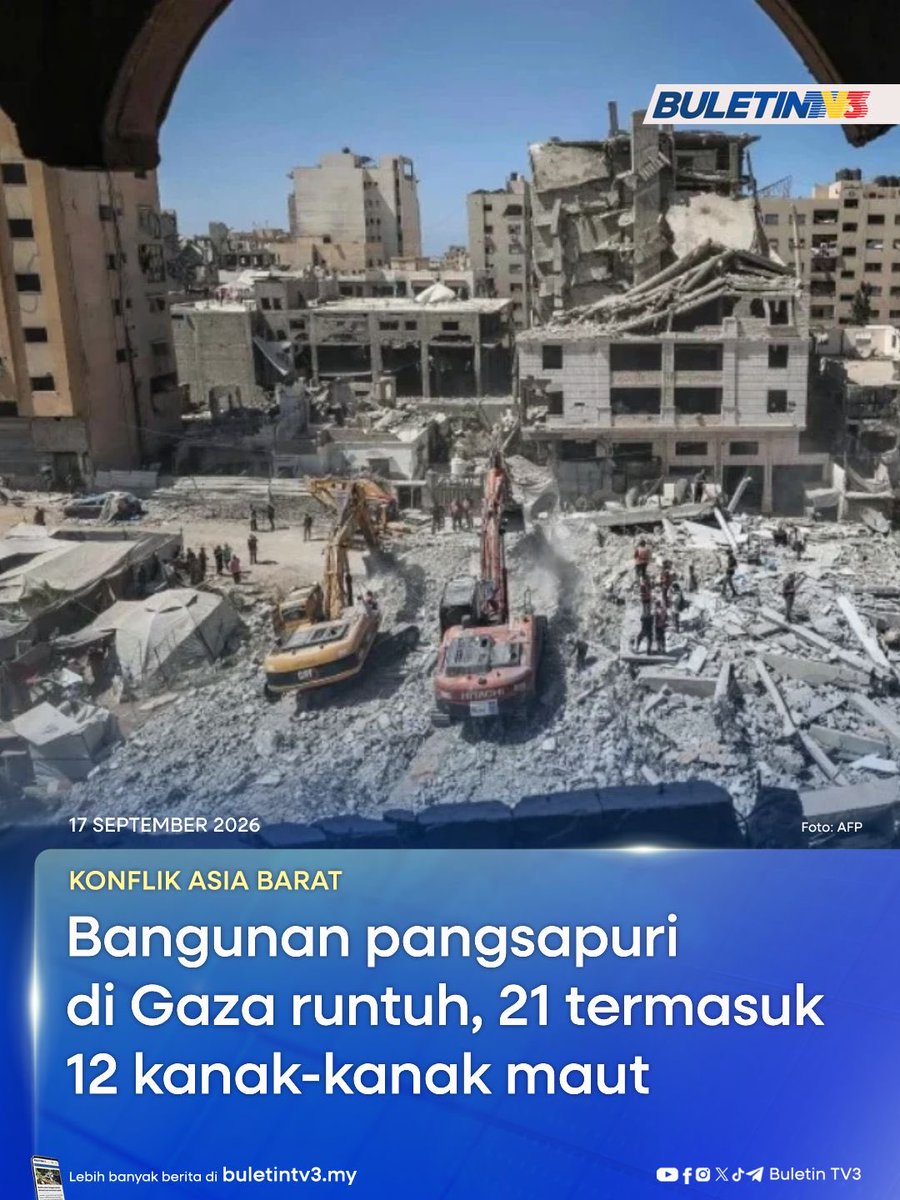 BuletinTV3's tweet photo. KONFLIK ASIA BARAT | Pihak berkuasa Gaza semalam memaklumkan 12 kanak-kanak antara 21 yang maut selepas sebuah bangunan pangsapuri runtuh akibat kerosakan yang dialami dalam serangan Israel sebelum ini.

#BuletinTV3 #BeritaTerkini #KonflikAsiaBarat #Gaza #Palestin #Israel https://t.co/tF3tvwSItN