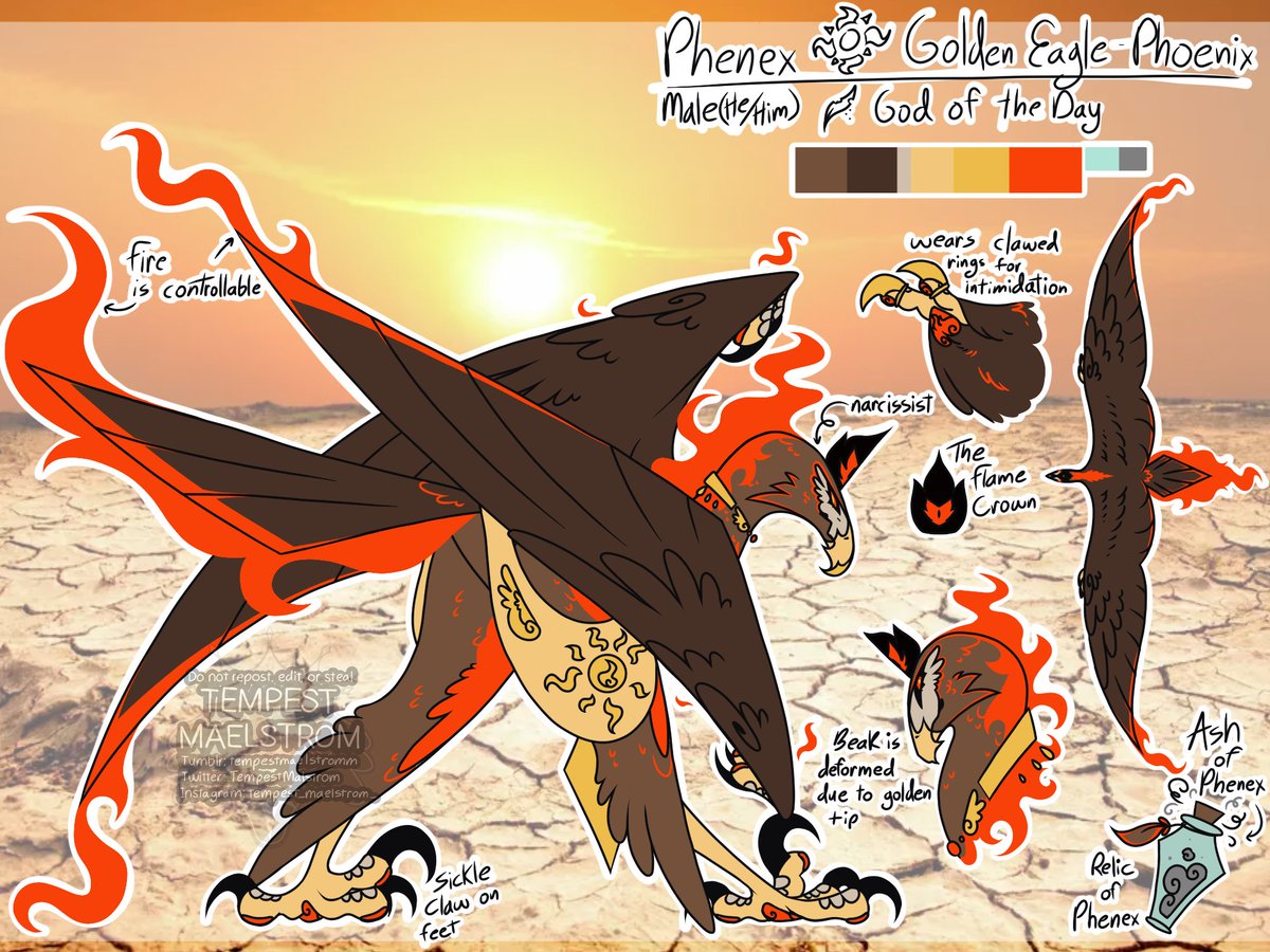 TempestMalstrom's tweet photo. Drought.

A god from another time, Phenex led the sun over the lands with flaming talons. He was a cruel, manipulative, and horrid god that only cared about himself. 
He'd fall during the purging, allowing himself to die alone as the bishops came after him. 

yay last cotl oc ref https://t.co/hUCKK4S776