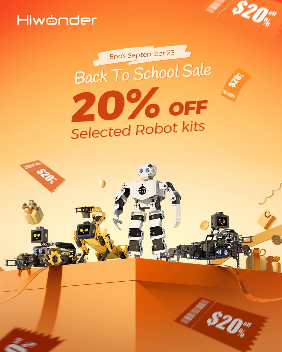 HiwonderSteam's tweet photo. New semester, new squad — 20% OFF selected Hiwonder robot kits. 🎒✨🤖
Four legs that never skip class. Wheels that actually follow instructions. Arms that do the heavy lifting — literally.
Shop now 👉 https://t.co/jXbEaXXOB2
#Hiwonder #BackToSchoolSale #STEM #Robotics https://t.co/34nSDvyCHM