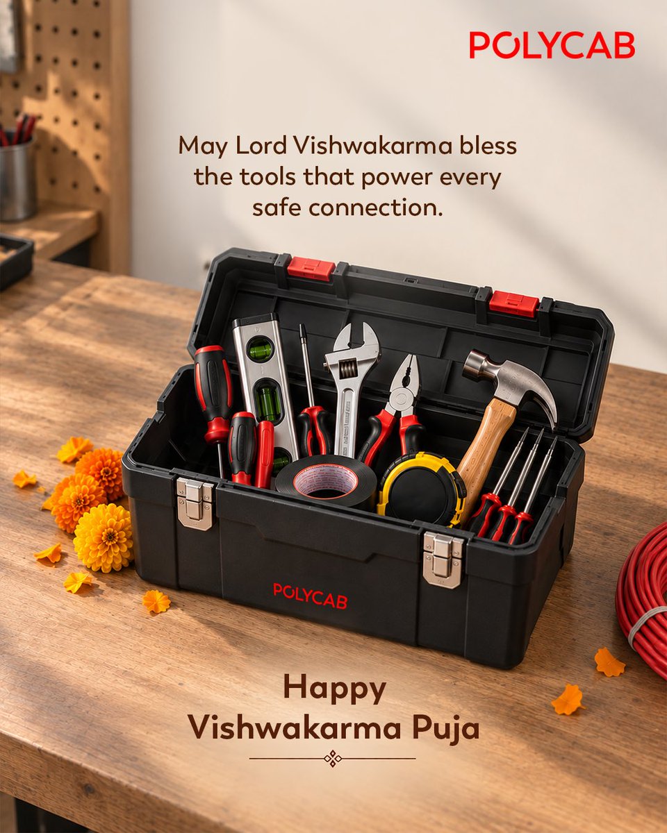 PolycabIndia's tweet photo. Today, we honor the tools that keep every connection safe. 
Drop a 🌼 below to offer your prayers this Vishwakarma Puja.

#Polycab #VishwakarmaPuja #IndiasNo1WiresAndCablesCompany https://t.co/ujcgkcTc0d