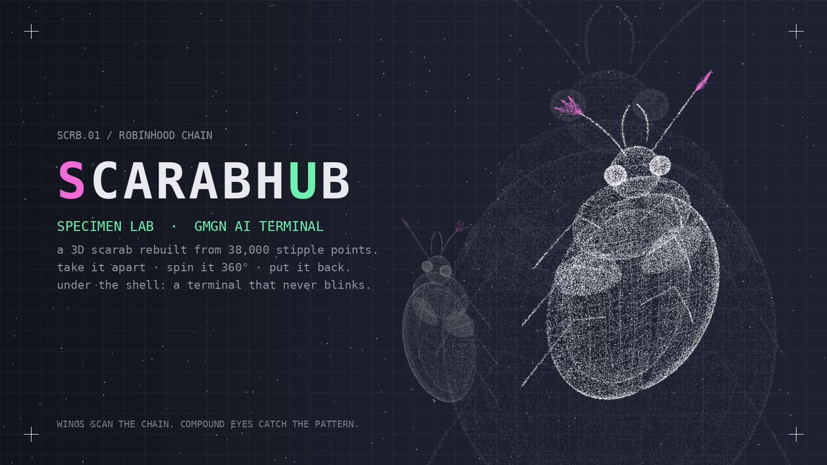 Scarabhub's tweet photo. Scarabhub is a scarab specimen lab that grew a market brain.

One half is the Specimen Lab: a 3D scarab rebuilt from 38K+ stipple points that you can take apart, spin 360°, and put back together.

The other half is the AI Terminal: built to search, track, and analyze tokens on Robinhood Chain with live GMGN and DexScreener data.

Under the glass: a scarab reconstructed point by point.

Under the shell: a terminal that never blinks.

Elytra scan the chain. Compound eyes catch the pattern.

A 3D scarab lab for exploring the crypto market.