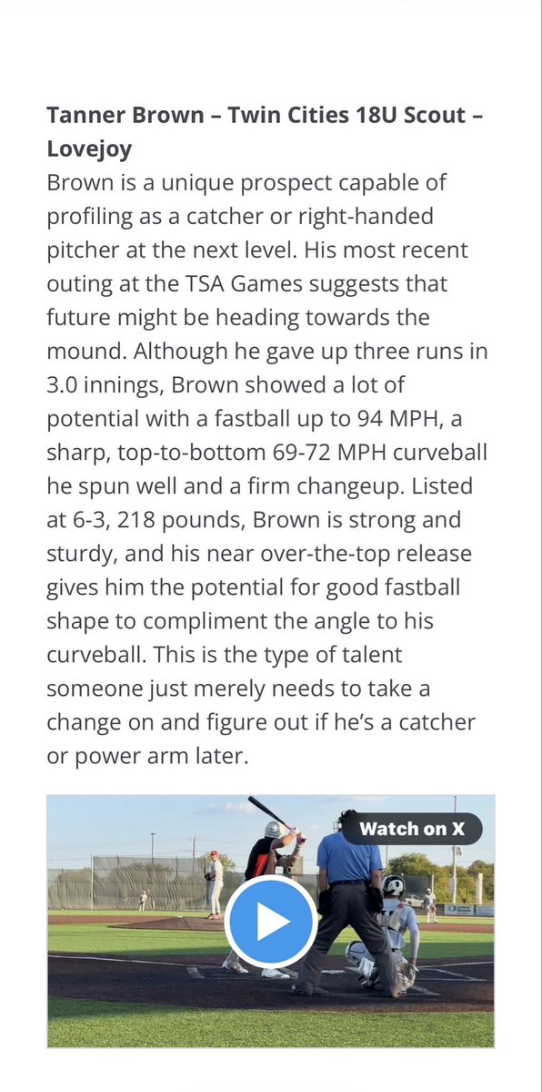 TannerBrown27's tweet photo. Pitched this weekend in the Texas Scouts Association games @ The Z plex. 
3 inning 2Hits 3K’s
FB : 90-92 ,  Topped 94
CB : 69-73
Slider : 83-86 
1-3  2BB 
@lovejoybaseball @DFWTwins @twinsup https://t.co/Y6aHVItgdG