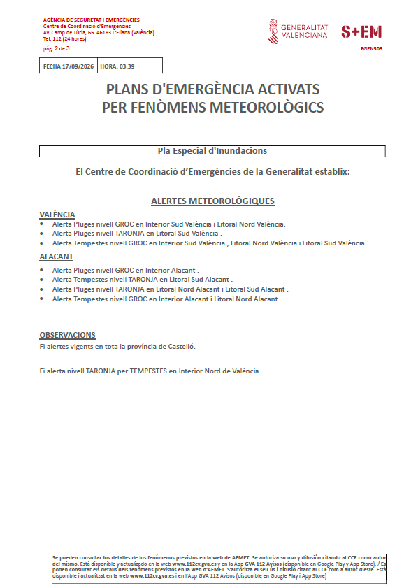 GVA112's tweet photo. 🚨Nova actualització de les alertes per fenòmens meteorològics establides pel Centre de Coordinació d'Emergències de la @generalitat.

❌🌧️⛈️Fi de totes les alertes vigents a la província de Castelló.

❌⛈️Fi alerta nivell taronja per tempestes a l'nterior nord de València; i per pluges a l'interior i litoral nord.

Més informació sobre les alertes que continuen vigents👇