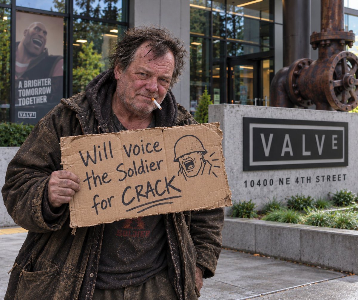 RickMayOnCrack's tweet photo. Ever since I gave that guy a handjob right outside the window of Gabe Newell's office, in exchange for some crack, and Gabe saw the whole thing, @valvesoftware won't let me voice the Soldier anymore. #JusticeForRick #TF2 https://t.co/RJdNGXNQxp