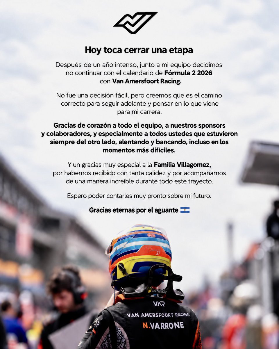 ensexta_'s tweet photo. ❌🇦🇷 Nicolás Varrone confirmó que no continuará en la Fórmula 2 junto al Van Amersfoort Racing.

🔚 El argentino y su equipo decidieron cerrar esta etapa del campeonato 2026.

❤️ Fuerza Nico. https://t.co/dQXCv6c7GO