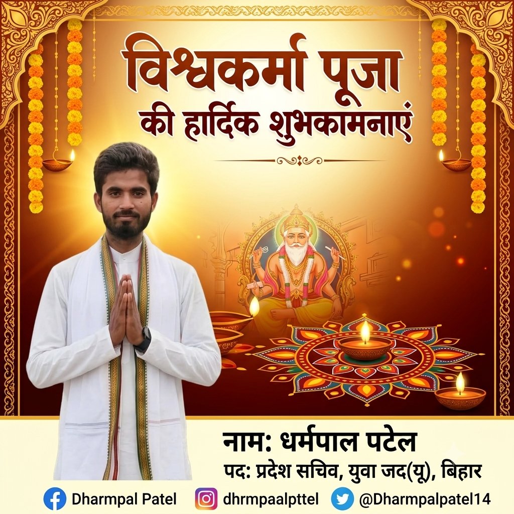 Dharmpalpatel14's tweet photo. आप समस्त प्रिय परिवारजनों को #विश्वकर्मा_पूजा की हार्दिक शुभकामनाएं।
#JdU #NitishKumar #Bihar @Jduonline @NitishKumar @SanjayJhaBihar @JDUUmeshSingh @Shrawon_Nalanda @Nishantjdu81 https://t.co/PlELXj52AJ