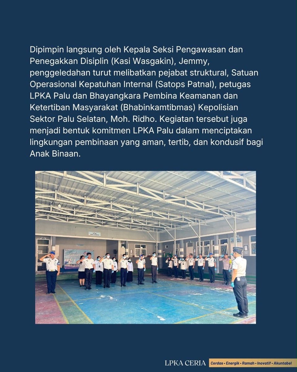 LPKAPALU's tweet photo. LPKA Palu Bergerak! Penggeledahan Wisma Hunian Digelar untuk Deteksi Dini”

Kegiatan ini sebagai langkah awal tindak lanjut pelaksanaan operasi penggeledahan gabungan dalam rangka deteksi dini serta pencegahan gangguan keamanan dan ketertiban di lingkungan LPKA Kelas II Palu. https://t.co/sh37iZH4Hi