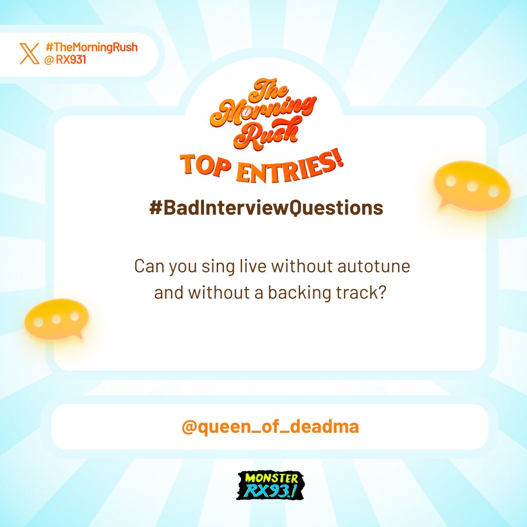RX931's tweet photo. Top Entry: #BadInterviewQuestions from @queen_of_deadma #TheMorningRush https://t.co/1t0SCCdbAZ