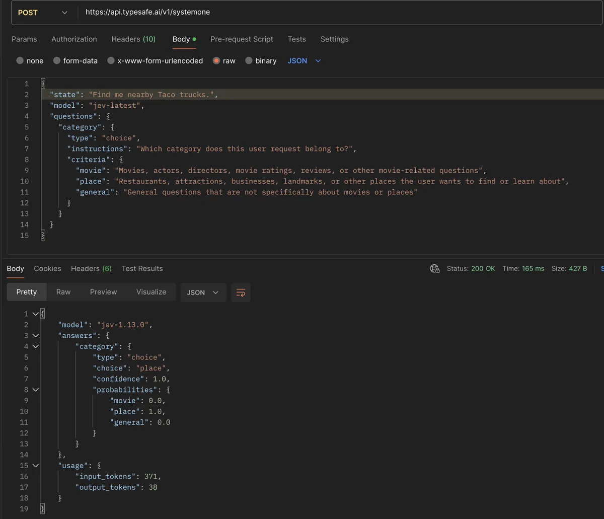 Trying to JEV to classify the user prompt. Once it has been classified then I can invoke the correct profile. 

Originally, I was using Foundation Models to classify the prompt and then based on the result create a specific LanguageModelSession. It was a hit or miss with FM. 

I think JEV can be a good option. I wonder if they have any client side (on-device) framework, so I don't have to make HTTP calls for classification. 