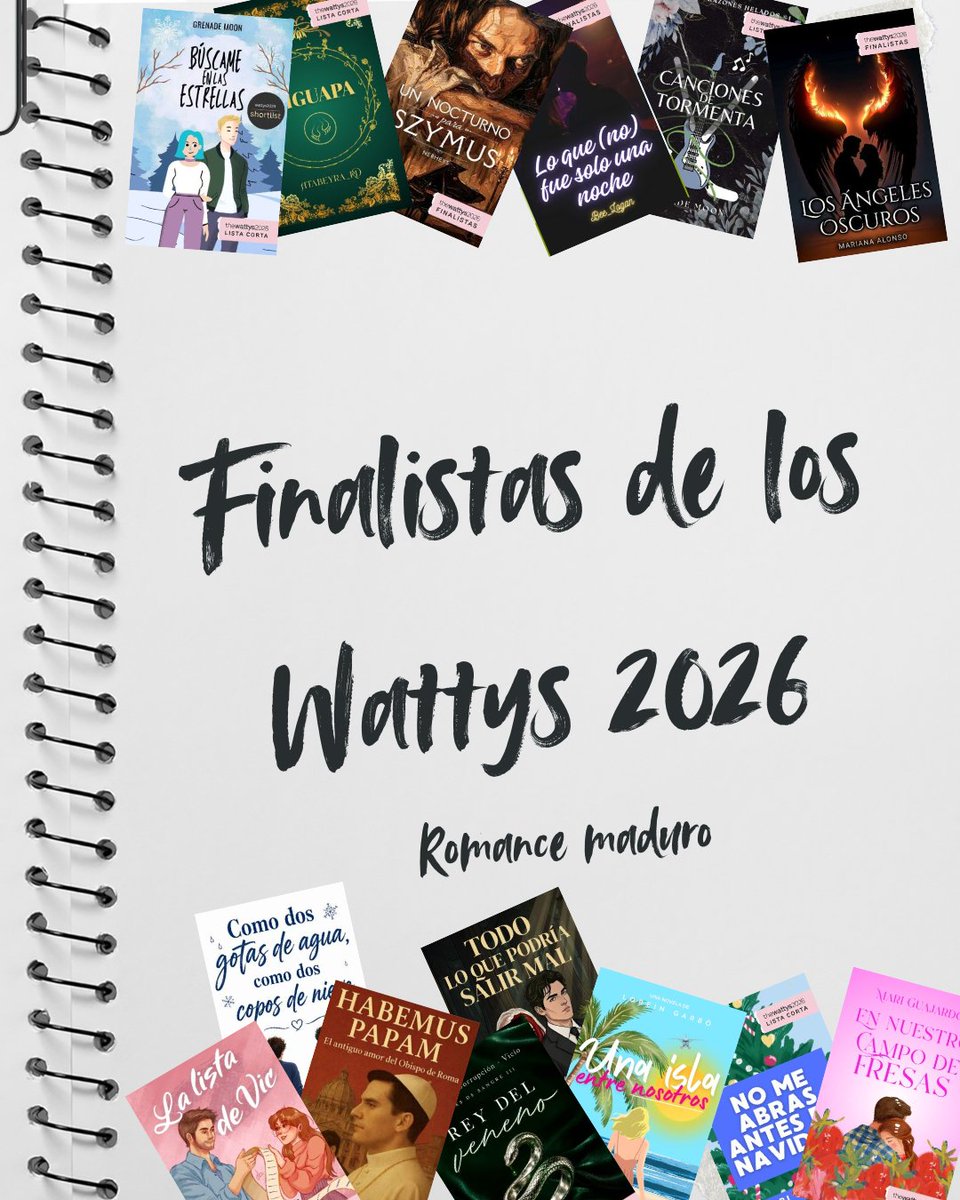 SouvenirDeLibro's tweet photo. Finalistas de los wattys 2026:

Parte 5: Romance maduro

¡¡¡FELICIDADES A TODOS LOS FINALISTAS!!! https://t.co/nDFzcgfzq1