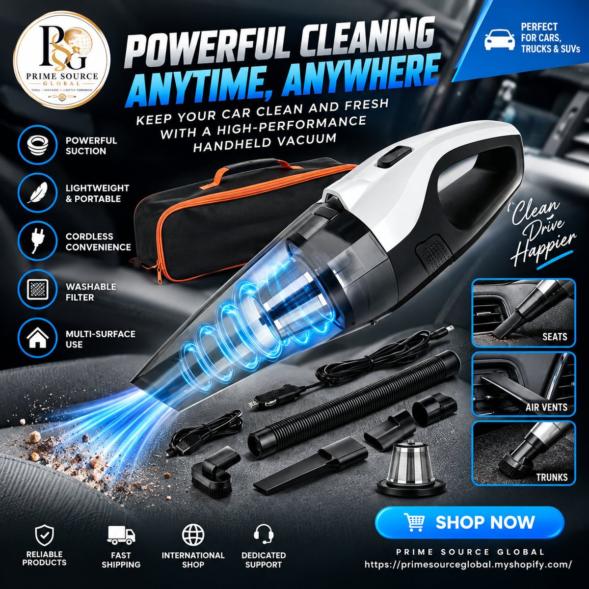 PSGlobalCo's tweet photo. Keep every corner of your vehicle spotless with a powerful, portable handheld vacuum. Perfect for seats, air vents, trunks, and everyday messes.

💨 Powerful suction
🔋 Cordless convenience
🧳 Compact &amp; portable
🧼 Multiple attachments
🛒 Shop now: https://t.co/fJ3SIOUuCF https://t.co/z3ka897PAy
