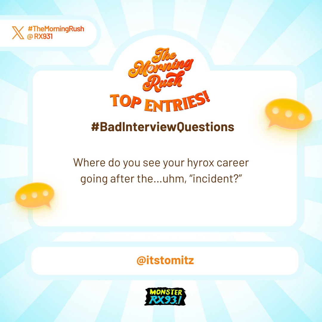 RX931's tweet photo. Top Entry: #BadInterviewQuestions from @itstomitz #TheMorningRush https://t.co/AdXpyrWgAP