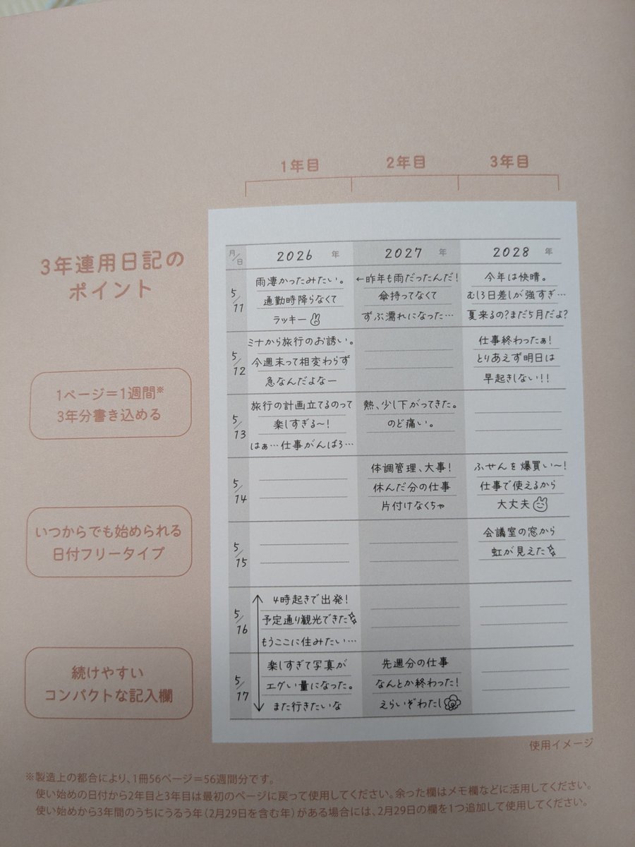 yuu_tea8's tweet photo. セリアに売ってた日記。3年分の「今日」を並べて読み返せるのがいいなと思って買ってみた。これで0〜2歳の成長記録をつけたら楽しそう✨ https://t.co/cq3DacqpMF