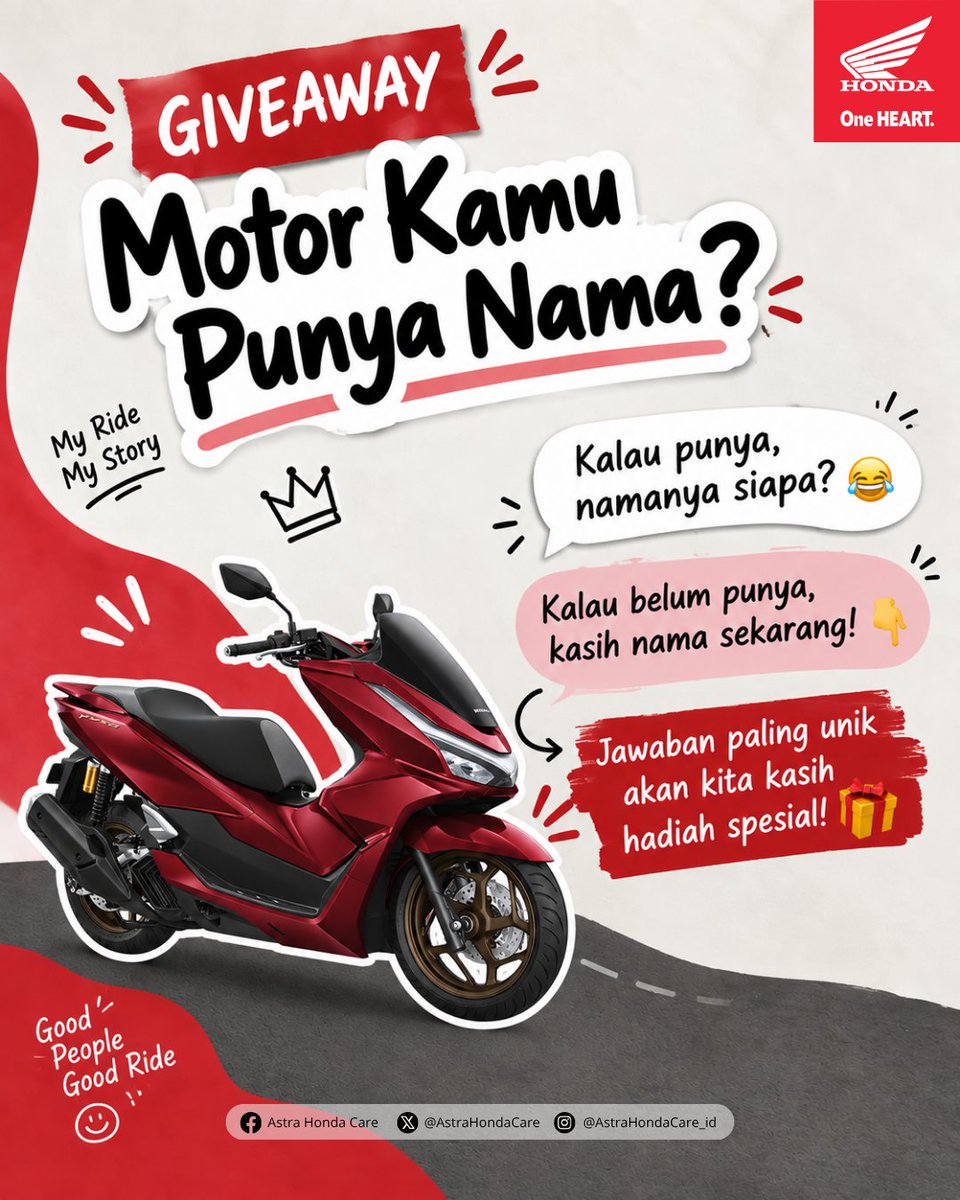 AstraHondaCare's tweet photo. 🎉G I V E A W A Y    T I M E🎉

🏍️ Punya motor Honda kesayangan? Pasti pernah kasih nama panggilan dong!

Si Merah? Si Irit? Si Gesit? Atau malah punya nama yang antimainstream? 😂

Yuk, spill nama motor kamu di kolom komentar! 👇
🎁 Nama paling unik bakal dapat hadiah spesial!

Syarat ikut Giveaway:
✅ Wajib Like postingan ini dan follow akun ini (bakal kami pantau ya 😉)
✅ Tag 5 teman kamu di kolom komentar
✅ Share postingan ini (boleh banget!)
✅ Follow juga Fanpage Facebook Astra Honda Care
✅ Semakin banyak kamu komentar, semakin besar kesempatan untuk menang!

#AstraHondaCare #SalamSatuHATI #GiveawayAHC