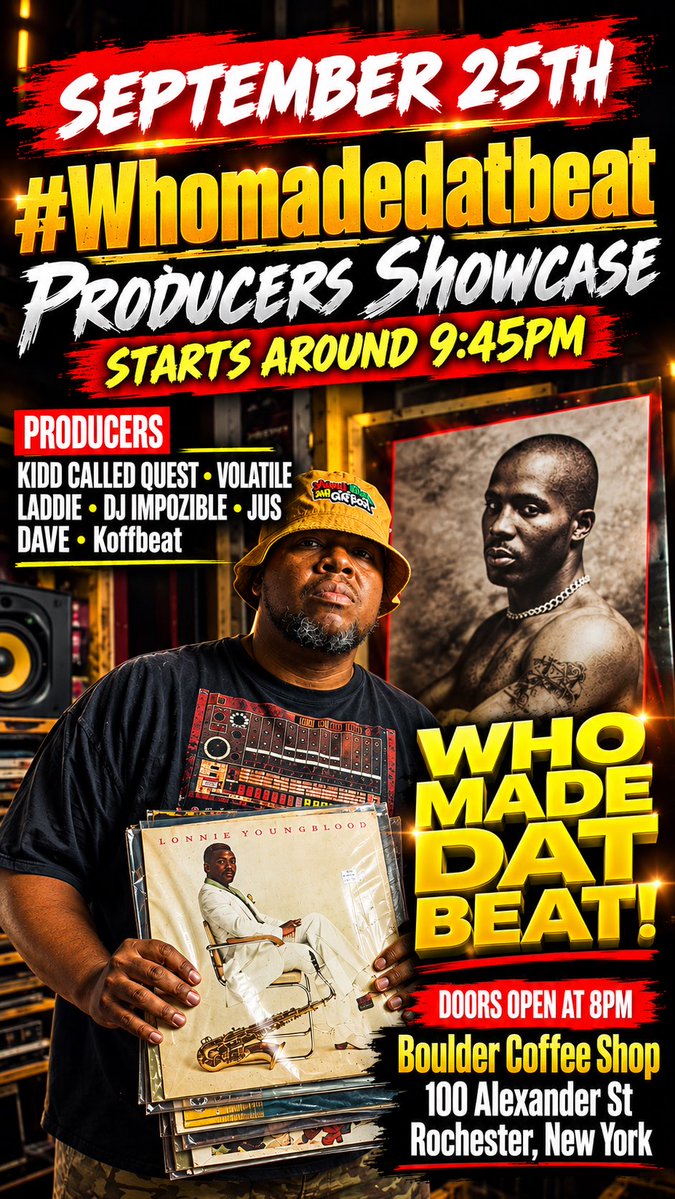 KiddCalledQuest's tweet photo. If you’re in the Rochester &amp; Buffalo area next Friday September 25th
#rochester #buffalo #beats #producer #beatmaker #hiphop #rap https://t.co/Wh1iof3Q9W