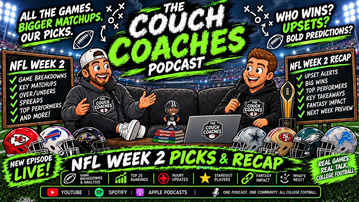 Sleeper_Bets's tweet photo. 🏈 NFL Week 2 Picks are LIVE! 🔥
Check out the latest Couch Coaches episode on YouTube! 🎙️👀
https://t.co/3OkL7xsPzE
Big matchups. Bold picks. Hot takes. Let’s talk football. 🏆
#NFL #NFLWeek2 #TheCouchCoaches #FootballPodcast https://t.co/hK5RXCzED6