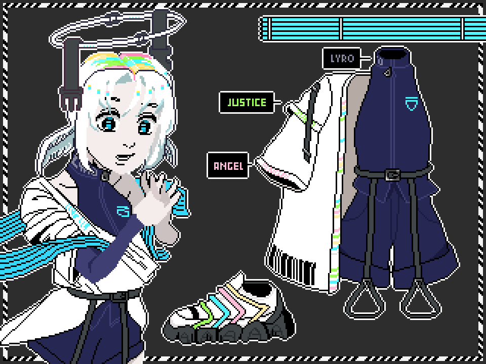 making_artie's tweet photo. @lyro_vt I dont know how well the pixel art style translates but when I saw justice was the theme I thought of angles and I thought a modern cyber angel would be a pretty neat design🤔

#LyroFashion2026 https://t.co/WhwkBsFWQm
