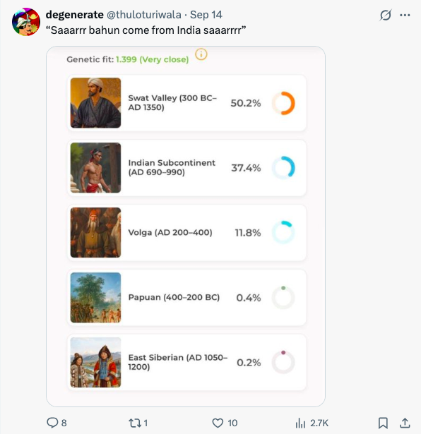 Mount_Bishop444's tweet photo. @chillguy213467 @Dacryingbehelit @RealDalitMata @thuloturiwala Whats deceit there? I didnt say they are not close to others or closest to XYZ.

I just said "Bahuns get Gangetic Brahmins way close than Pakistani Swat Valley people". Its true.

Cringe larping Bahun dude trolls India and svcks Pakistani Swat Valley, when he's technically Ganges https://t.co/3ldaysg8MR