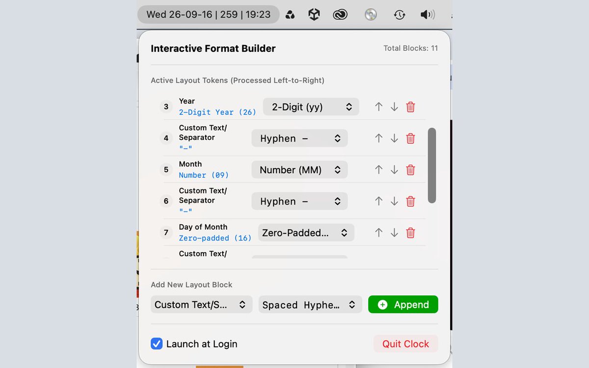 Burningthumb's tweet photo. I’ve started using CalVer for versioning (Year.DOY.Patch), so today’s release would be 26.259.0.

To make life easier, I wanted the Day of the Year in my macOS menu bar clock - only to discover Apple removed custom date formats!

So like any developer, I built my own: BTS Clock. It’s highly configurable, supports DOY, and is officially submitted to the Mac App Store.

Fingers crossed for App Review!