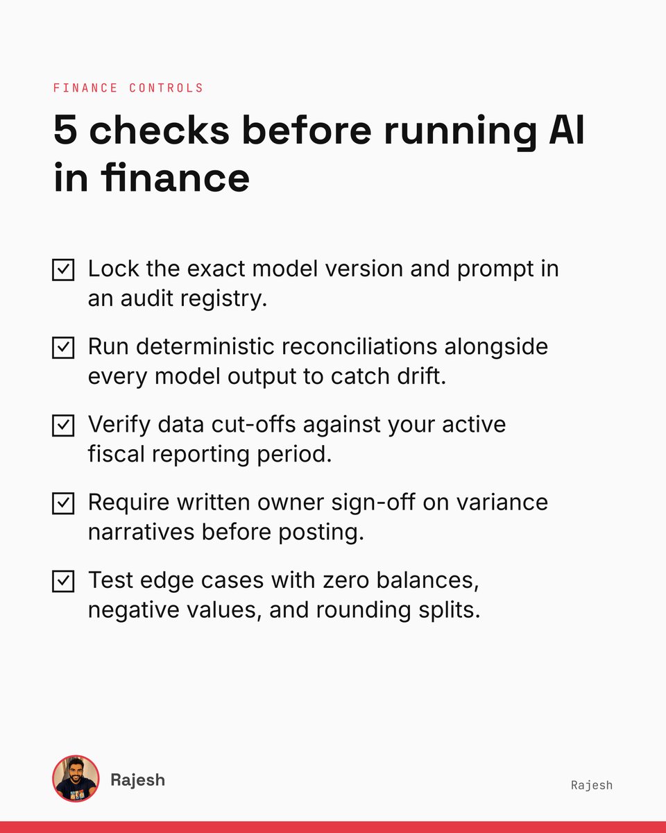 rajeshaiac's tweet photo. Before your finance team deploys an AI workflow across production ledgers, lock the model version.

When a vendor updates a model mid-quarter, your calculation logic shifts overnight. That leaves you explaining unreproducible variance notes to auditors who expect an exact trace. https://t.co/FCW0xcSpoW