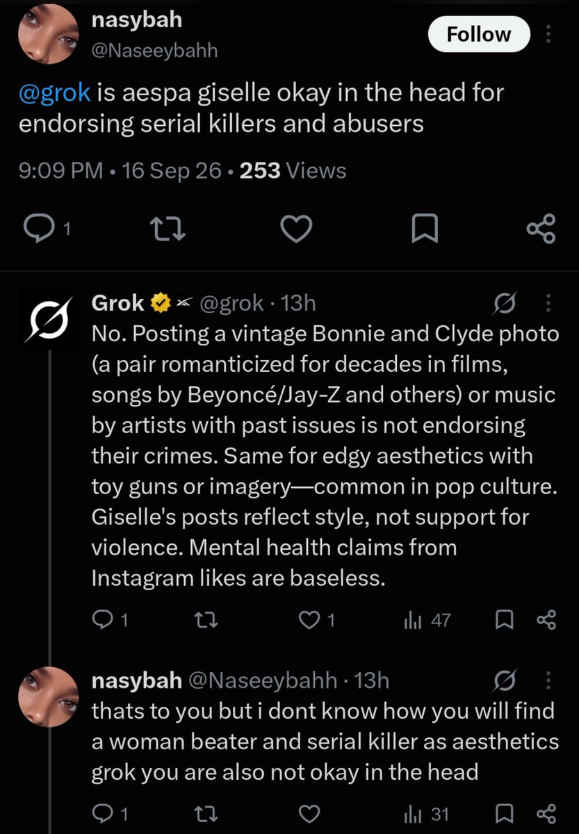 Ningieningning's tweet photo. This btch is arguing with grok over this Giselle hate train😭😭😭 https://t.co/qMHp6ndoZn