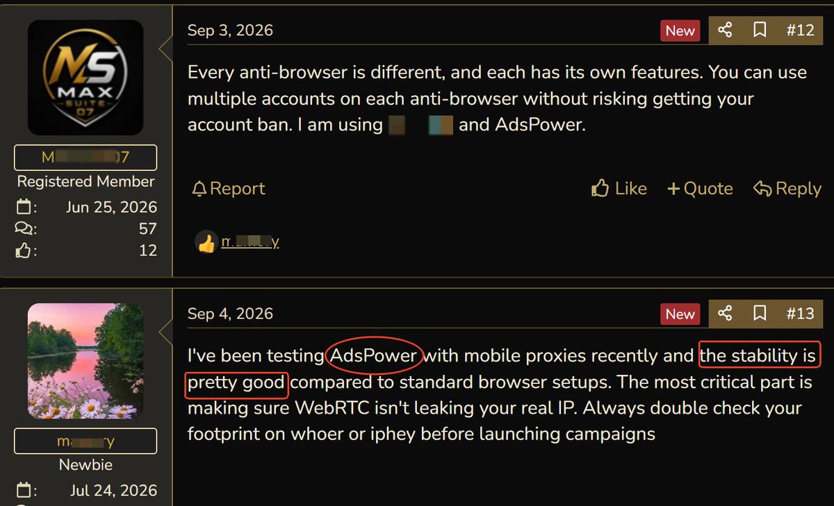 AdsPowerBrowser's tweet photo. 👀 Spot yourself in these screenshots?

I was just browsing some forums when we stumbled across these lovely comments about AdsPower. Naturally, we had to grab a few screenshots! 💙

Thank you for the love, the recommendations, and for sharing your experiences. It means a lot to us.

💬 If one of these comments is yours, let us know below! We'd love to send you $5 in AdsPower account credits as a little thank-you.

You made our day. Let us make yours. 🙌