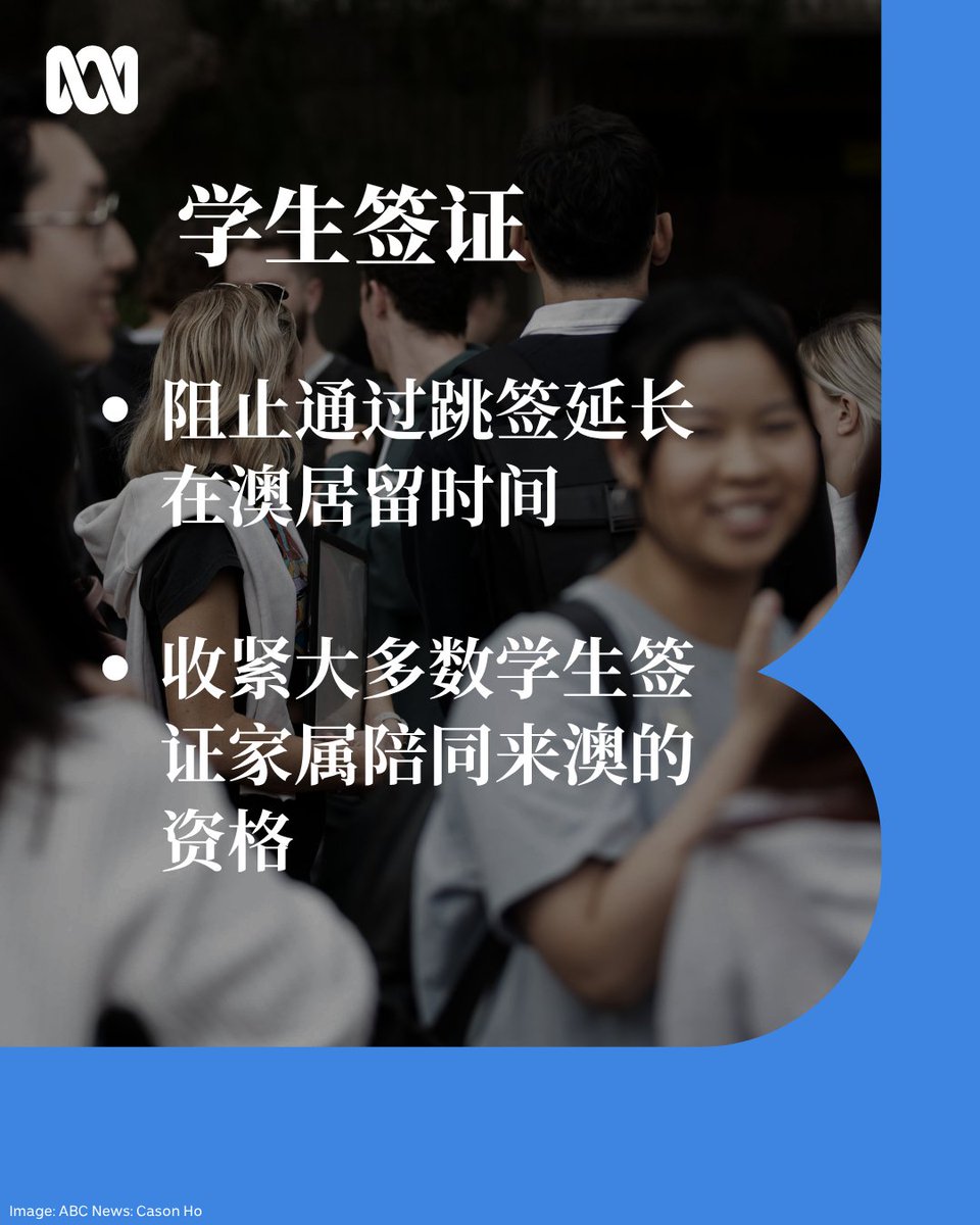 ABCChinese's tweet photo. 澳大利亚政府刚刚宣布新一轮移民改革，进一步降低净海外移民人数。措施包括限制大多数学生签证的附属申请人、打击签证“跳签”、加强无有效签证人员离境措施，并收紧访客签证及打工度假签证制度。

政府表示，改革旨在维护移民体系完整性，同时吸引澳大利亚所需的技能人才。 https://t.co/RXNJqkJYnD