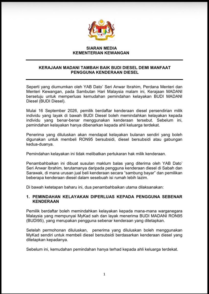 MFikrijamal's tweet photo. BUDI Diesel ditambah baik.

Kini kelayakan boleh dipindahkan kepada pengguna sebenar yang layak. Pemilik beberapa kenderaan pula boleh memindahkan kelayakan kepada maksimum 3 individu. Permohonan dibuka mulai 16 September 2026.

#BUDIDiesel #BUDIMADANI #HariMalaysia2026 https://t.co/jTaIKg4GZN