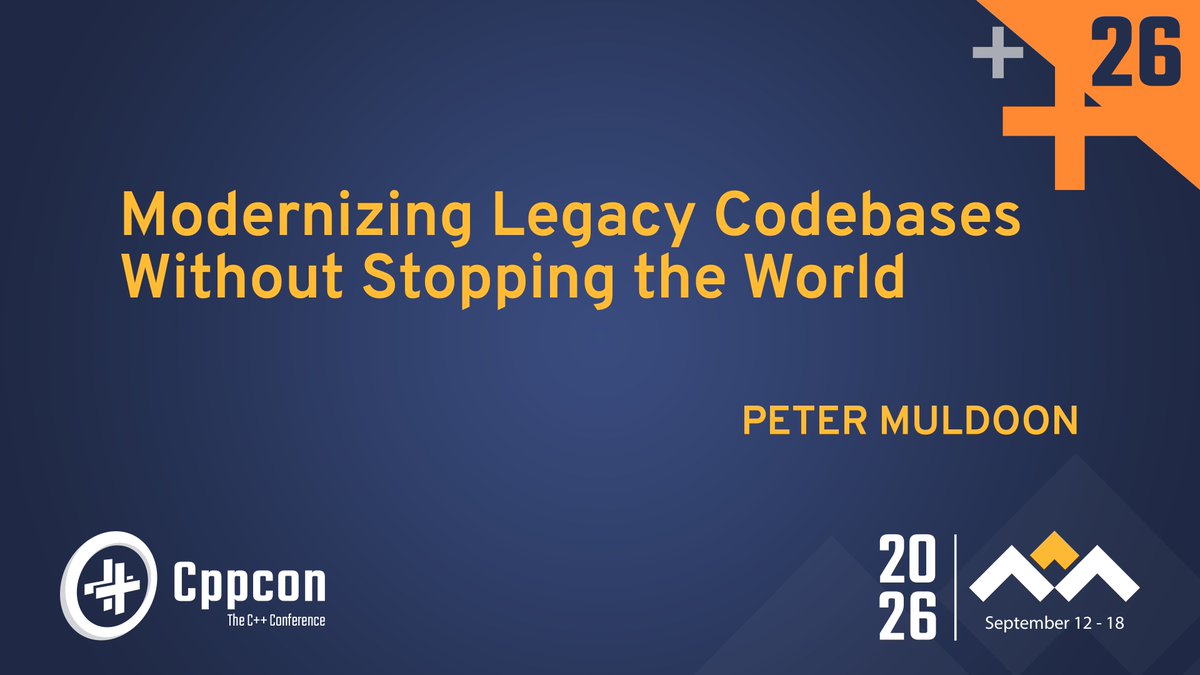 TechAtBloomberg's tweet photo. At #CppCon 2026 this afternoon (3:15 PM MDT), senior engineering lead Peter Muldoon shares strategies for modernizing legacy C++ codebases while they stay live in production - no stopping the world required
https://t.co/oNCfIrKMxc
#cpp #cplusplus #coding https://t.co/omnrXqfCBY
