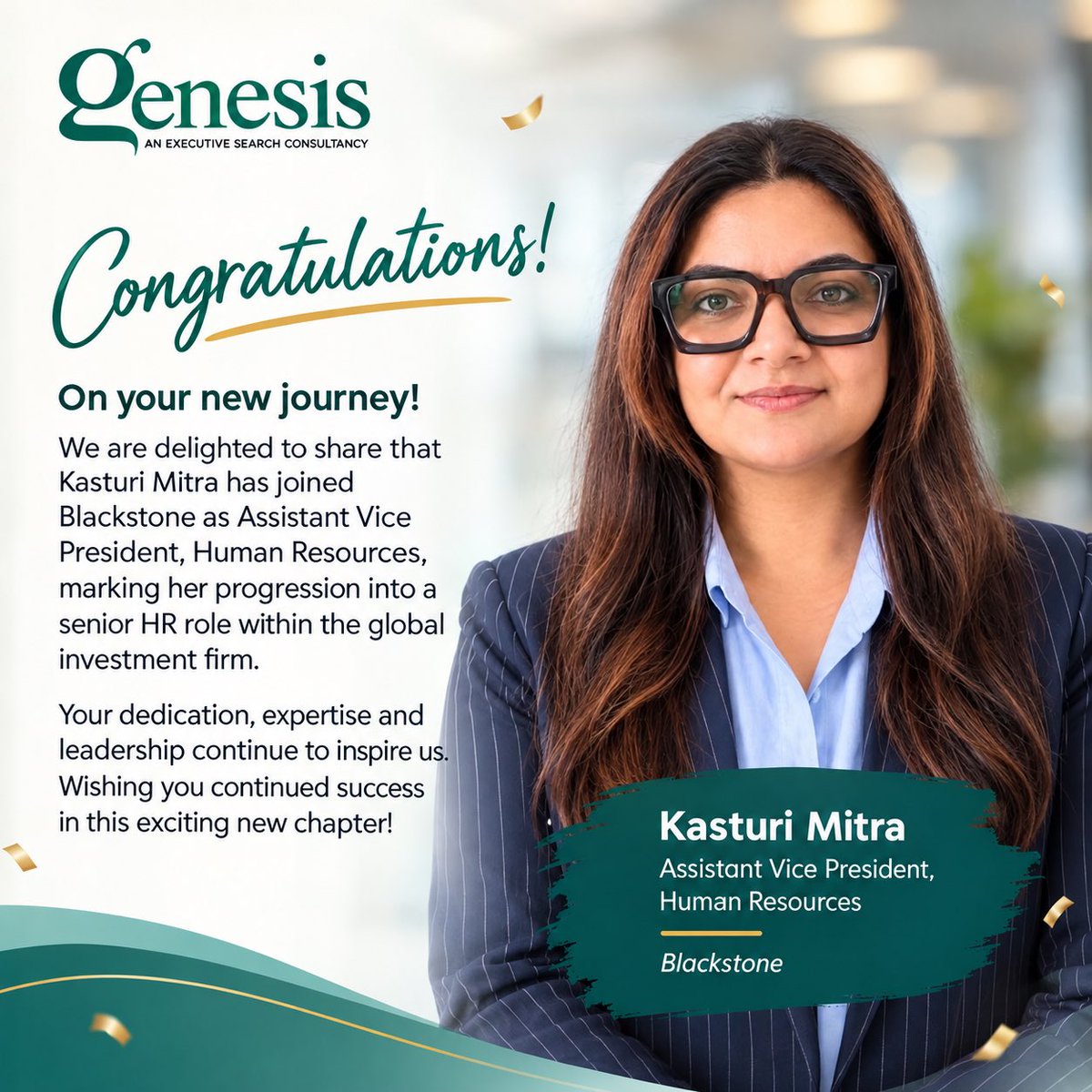 ggmspl's tweet photo. 🎉 Congratulations, Kasturi Mitra! 🎉

We’re delighted to congratulate Kasturi Mitra on her new role as Assistant Vice President – Human Resources at Blackstone.

Wishing you continued success, growth and new milestones as you embark on this exciting journey! 🌟 https://t.co/cMCl3Z1qYI