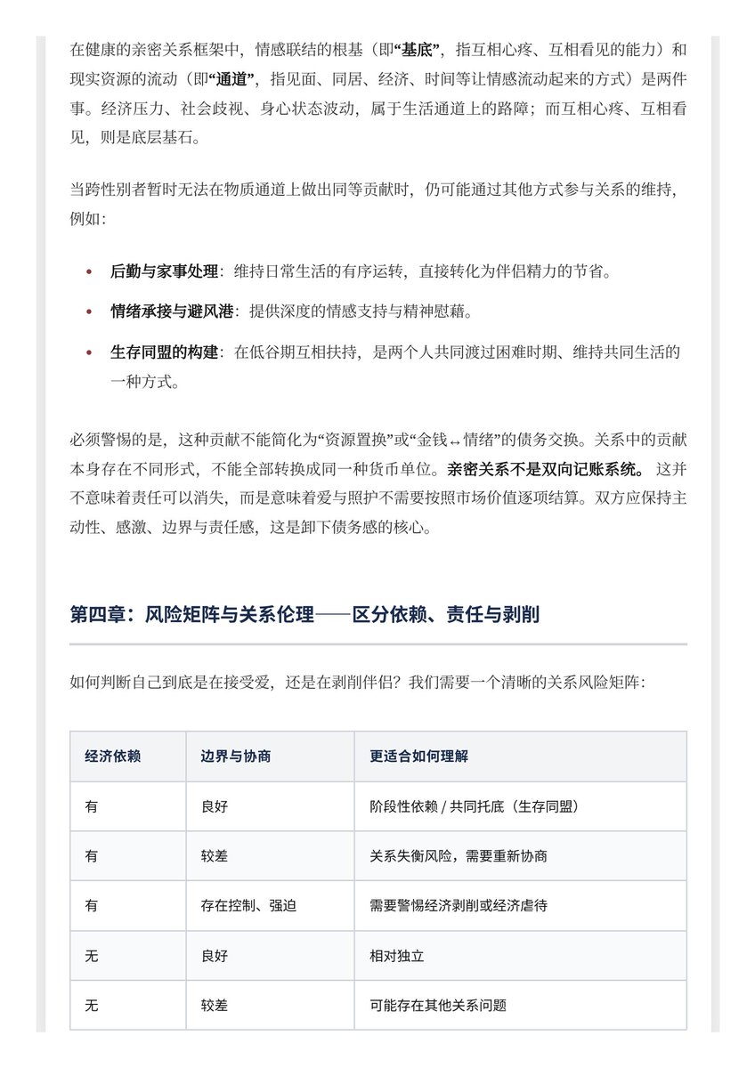liwanmiaohy's tweet photo. 在跨性别者的亲密关系中，存在⼀种容易被忽视但极具破具破坏⼒的内在冲突。当个体⾝处⼀段深度关系，且伴侣在现阶段承担了较多的经济⽀出或⽣活托底时，部分跨性别者可能陷⼊⼀种强烈的、近乎⾃毁的愧疚感

旧性别脚本留下的供养者焦虑，把接受爱变成了一场道德审判

这篇文章指在解决这种矛盾🫂
#MtF https://t.co/EV9wSv3Mvb