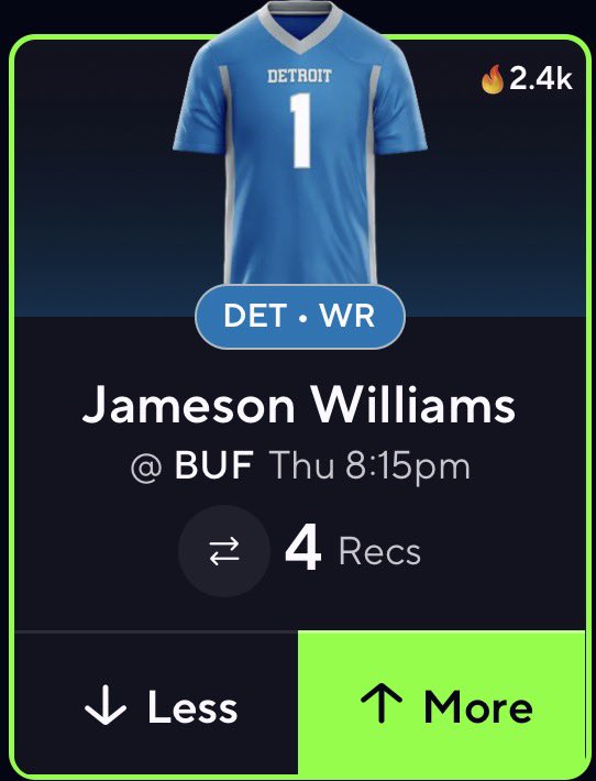 PrizePicksValue's tweet photo. TNF Prop 🏈 

Jameson Williams O4.0 Recs https://t.co/FSGUvtuYzt