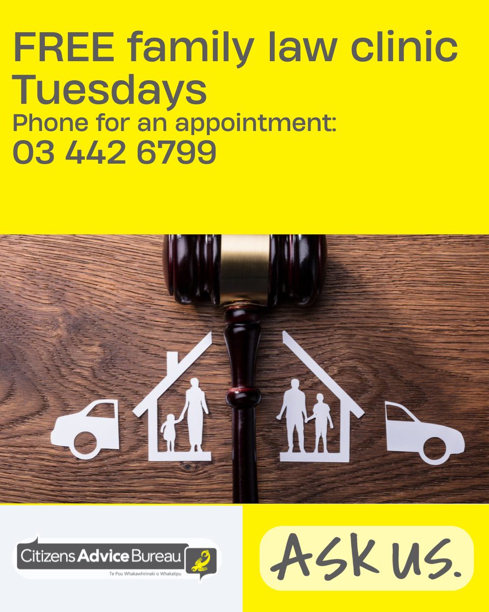ChanelWeishmo5's tweet photo. We offer comprehensive support covering all aspects of family law. Our experienced lawyers provide half-hour appointments to assist you with your needs. ● Location: Citizens Advice Office, 44 Stanley St, Queenstown
● To make an appointment, call: https://t.co/KnsLUdsdHY