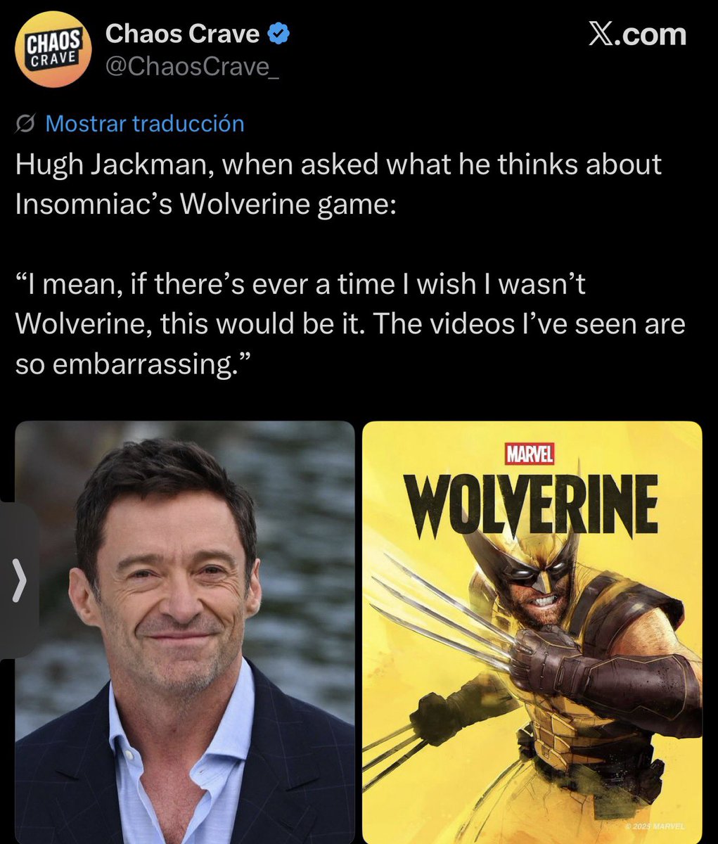 AllConsoleFan's tweet photo. ‼️RIDICULO MUNDIAL‼️ 

Hugh Jackman deja por los suelos a Wolverine de Playstation, cuando le preguntaron qué piensa del juego de Wolverine de Insomniac:

“Quiero decir, si alguna vez hay un momento en que desearía no ser Wolverine, este sería ese momento. Los videos que he visto son tan embarazosos.”