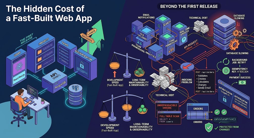 Siddikur85's tweet photo. A web app that works today isn't necessarily a well engineered web app.
Real full stack engineering means thinking about:
→ Database growth
→ API design
→ Security
→ Idempotency
→ Background jobs
→ Testing
→ Observability
#FullStack #WebDev #SoftwareEngineering https://t.co/ua53YYpOng